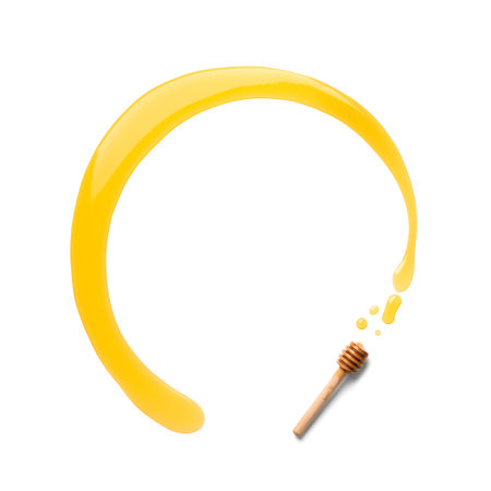 honey dipper with honey in circle shape. Honey was poured on white background top view with copy space. design concept. Space for text.の写真素材