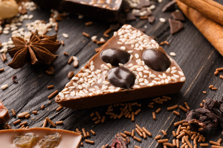 Creative composition chocolate pizza and ingredients on a dark background top view, pizza shaped chocolate with candied fruits, nuts, dry berries, chocolate on a wooden background.の写真素材