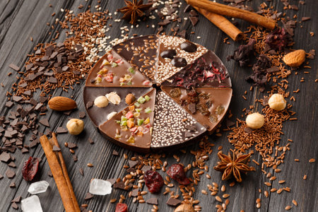 Creative composition chocolate in the shape of a pizza with candied fruits, nuts, dry berries, chocolate pizza and ingredients on a dark wooden background.の写真素材