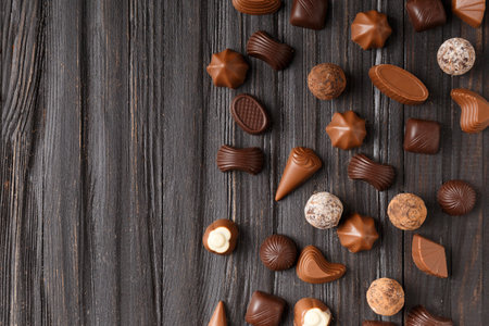 Various dark and milk chocolate candies, chocolate truffles on a dark wooden texture background top view with space for text.の写真素材