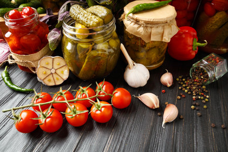Canned cucumbers and tomatoes in jars, seasonings and spices, fresh cherry tomatoes and peppers on a dark wooden background. The concept of home canning.の写真素材