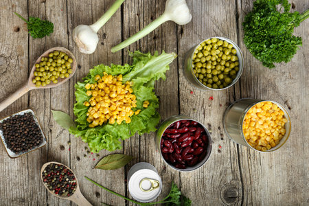 Canned beans. Useful trace elements. Ingredients for cooking. Proper nutrition, non-GMO. Organic food. Canned food, long-term storage.の写真素材