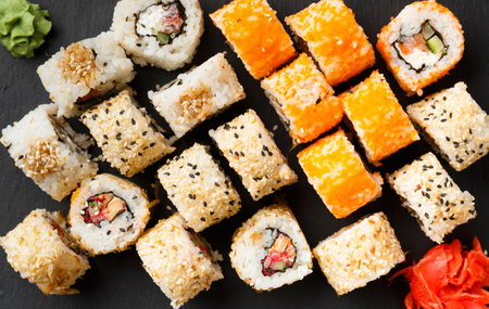 Set of salmon rolls on a dark background with sauce and red ginger. Red sushi with sesame on black backgroundの写真素材