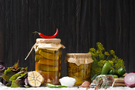 Pickled cucumbers in a jar, fresh gherkins, red and green chili, dill, basil, garlicn on a dark wooden background. Peppers, onions and fresh gherkins for preservation. Cucumber salad.の写真素材