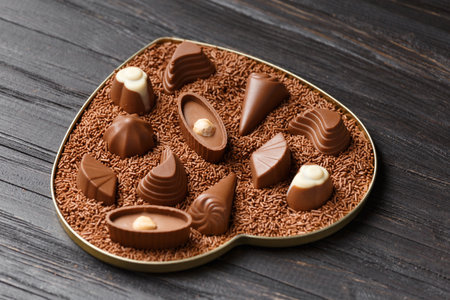 Chocolate candies in chocolate chips in a heart-shaped box on a dark wooden background close-up, Valentine's Day.の写真素材