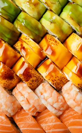 Set of colorful rolls with shrimp, salmon, avocado, cheese, close-up top view. Asian cuisine, sushi, seafood.の写真素材