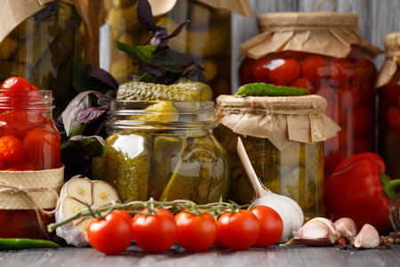 Canned cucumbers and tomatoes in jars, seasonings and spices, fresh cherry tomatoes and peppers on a dark wooden background. The concept of home canning.の写真素材