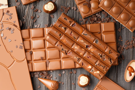 Whole and broken chocolate, chocolate bars, candies, chocolate chips on a dark wooden background top view.の写真素材