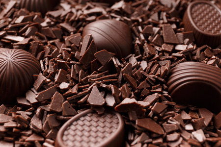 Beautifully shaped dark chocolate sweets dipped in chocolate chips close-up, chocolate candy making concept, chocolate background.の写真素材