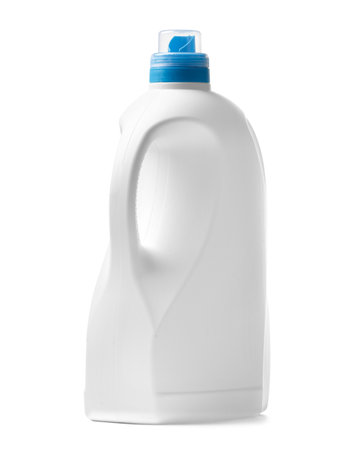 White plastic bottle for liquid detergents for washing, bleaching, softening clothes, detergents, household chemicals on a white background. Packaging mockup for detergents and cleaners.の写真素材