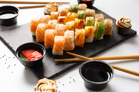 Set roll with salmon, avocado, shrimp and eel on a stone board with wasabi and soy sauce on a gray backgroundの写真素材