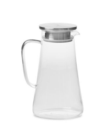 Empty glass transparent jug of modern shape for milk, cold and hot drinks with closed stainless steel lid, isolated on white background. kitchen dishes.の写真素材