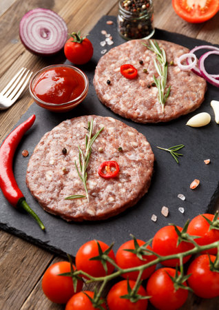 Raw fresh ground beef burger patties, rosemary, vegetables and spices on a black stone plate on a wooden background. Ingredients for a hamburger.の写真素材