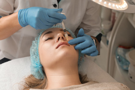 facial treatments. The concept of maintaining health, youth and beauty. Modern cosmetology, beautician tools, gloved hands. beauty techniques. beauty injections. Lip augmentation with fillers.の写真素材