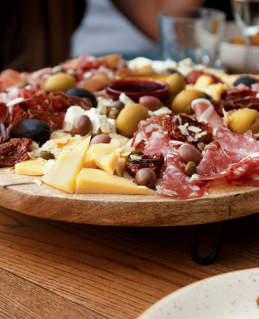 Sliced prosciutto, salami, ham, jamon, assorted cheeses, olives and sauce on a wooden platter in a restaurant. Traditional Italian appetizers, antipasti close-up.の写真素材