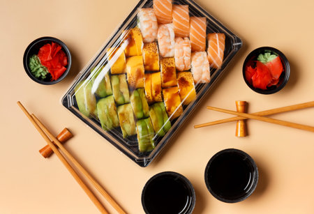 A set of bright multi-colored sushi rolls with shrimp, salmon, avocado in plastic packaging, Chinese...