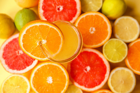 Colorful sliced juicy citrus - oranges, grapefruits, lemons and limes close-up around a glass of...