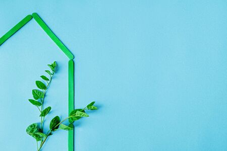 The outline of the house lined with green wooden ice-cream sticks and a tree branch with leaves on a blue background. The concept of environmentally friendly homeの写真素材