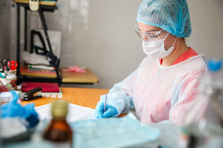 A female doctor in a white protective suit, blue cap, blue gloves and mask sits at a table and fills...