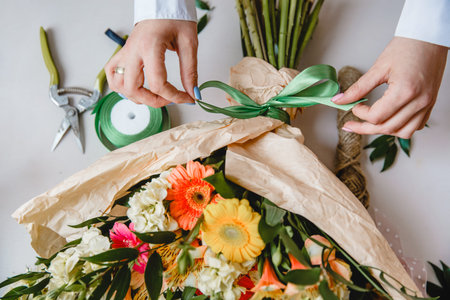 a female florist ties a ribbon bow on a bouquet of flowers wrapped in craft paper on the desktop....