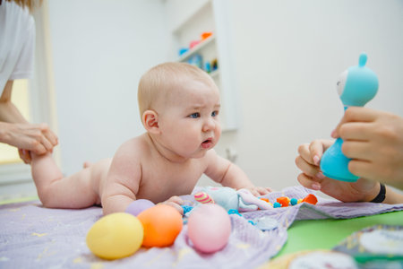 A baby lying on his stomach gets a massage in a massage room. His mother distracts him with a toy