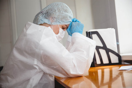 a young female doctor in a protective suit, cap, mask and gloves sits wearily at the table with her...
