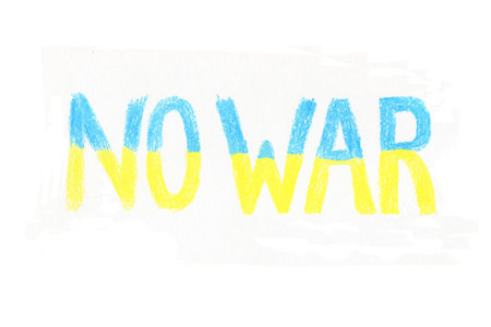 pastel handmade inscription no war in the colors of the Ukrainian flag on the white background