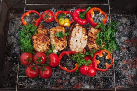 meat steaks with greens and vegetables on the grillの写真素材