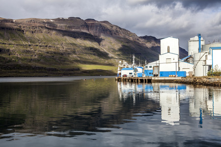 Plant fishery Seydisfjordur with kayaker on the waterの写真素材