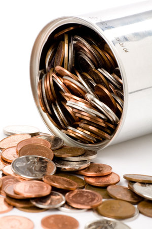 coins and can with white background