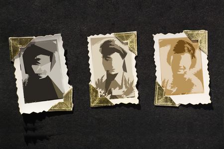 Photo Album with old stained photos, all photos have been blurred, so you can use the photo frame and put your photo in.の写真素材
