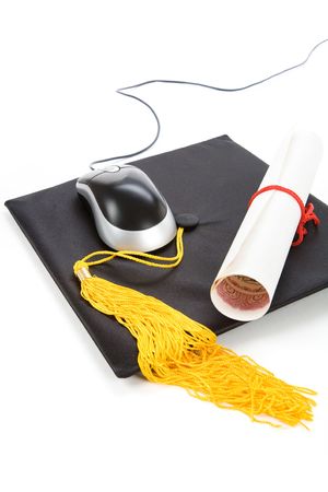 Black Mortarboard and computer mouse, online learningの写真素材