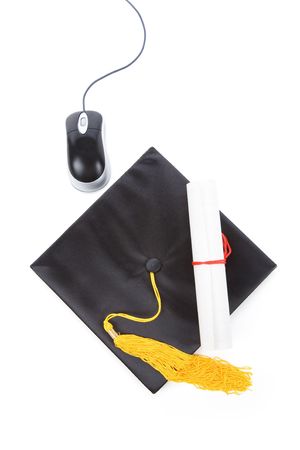 Black Mortarboard and computer mouse, online learningの写真素材