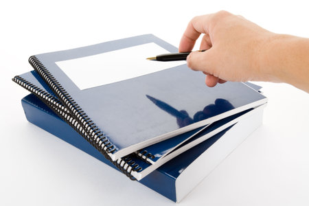 Blue school textbook, notebook or manual with white background