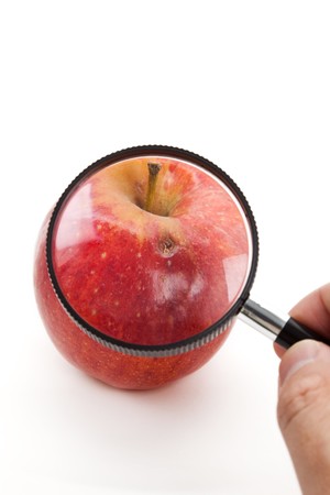 Red apple and Magnifier with white backgroundの写真素材