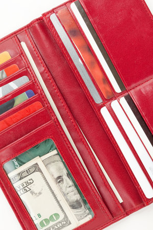 Red Wallet with money and Credit Card