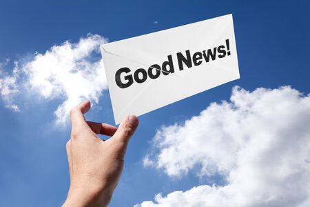 Good News,envelope and blue sky, concept of successの写真素材