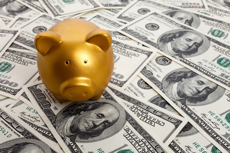 Piggy Bank and Hundred Dollar Bills for backgroundの写真素材