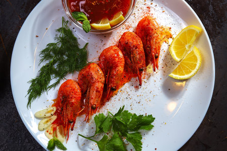 prawns fried in spices with sauce, lemon slices and garlic.