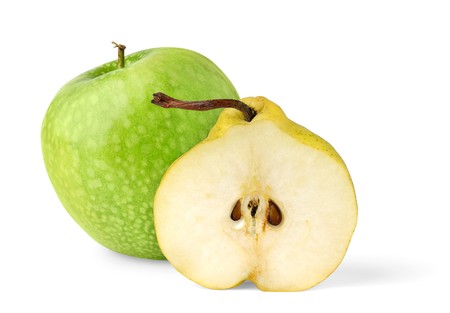 Green apple and half of yellow pear isolated on whiteの写真素材