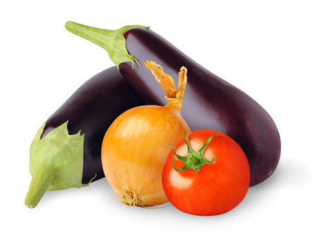 Eggplants, onion and tomato isolated on whiteの写真素材