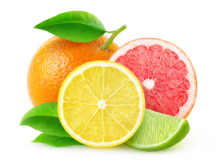 Citrus fruits (lemon, lime, grapefruit, orange) isolated on white, with clipping path