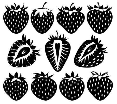 Strawberries of different shapes in black, collection of vector illustrationsのイラスト素材