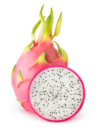 Isolated dragon-fruit. Cut dragon fruits (pitaya) isolated on white backgroundの写真素材