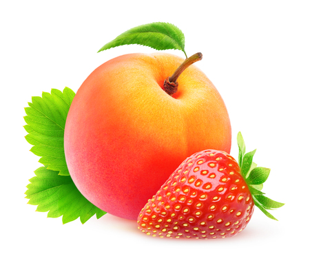 Isolated fruits. Whole fresh peach and strawberry with leaves isolated on white background with clipping pathの写真素材