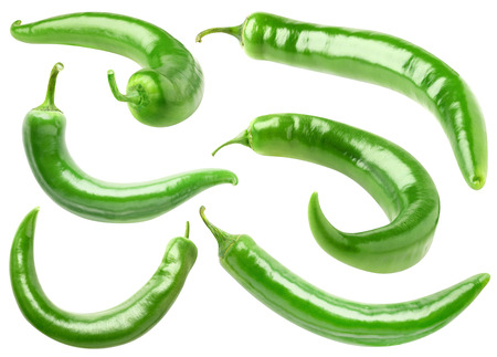 Isolated peppers. Various hot green peppers isolated on white background with clipping pathの写真素材