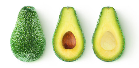 Isolated avocado. Whole avocado fruit and two halves in a row isolated on white background