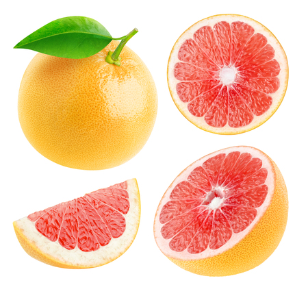 Isolated grapefruits. Collection of whole and cut fresh grapefruits isolated on white backgroundの写真素材