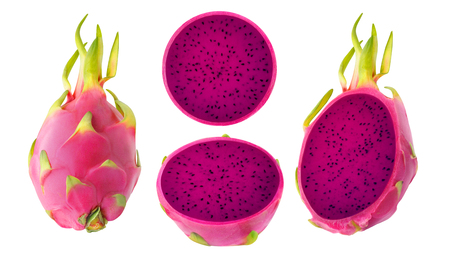Collection of whole and cut red-fleshed pitahaya fruits isolated on white backgroundの写真素材