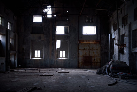 Abandoned industrial backdrop. Old dark warehouse interior with concrete walls, rusty gate and light...